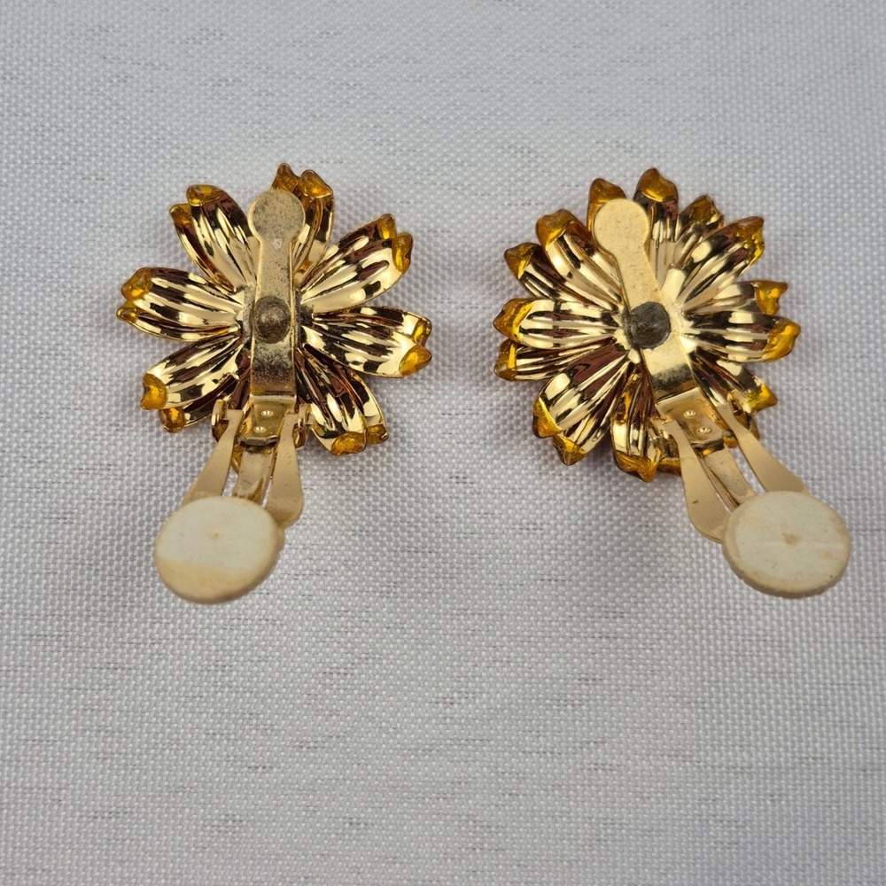 Joan Rivers Vtg 90s Orange Chrysanthemum Brooch & Clip Earrings Rhinestone - Picture 8 of 10